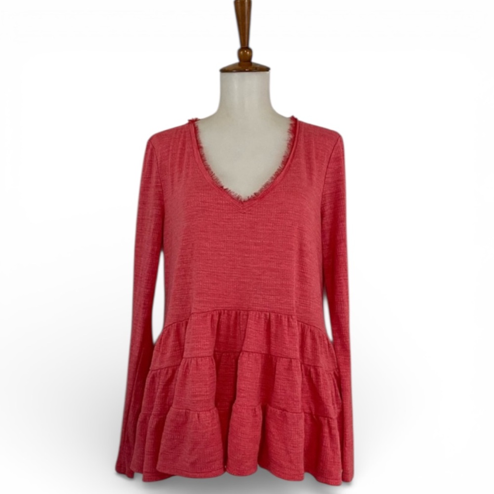 Anthropologie‎ Deletta Thea Coral Top Women's S V-Neck Long Sleeve Ruffle Hem